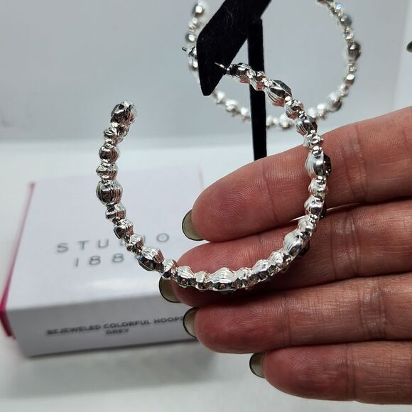 NIB Studio 1886 Bejewled Colorful 2" Hoop Earrings Grey Fashion Jewelry - Picture 4 of 6